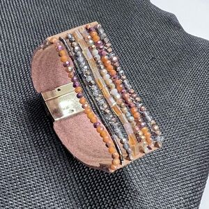 Tan Leather Multi-strands Beaded Bracelet